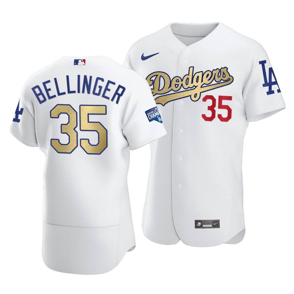 Men's Los Angeles Dodgers #35 Cody Bellinger 2021 White Gold World Series Champions Patch Sttiched Jersey